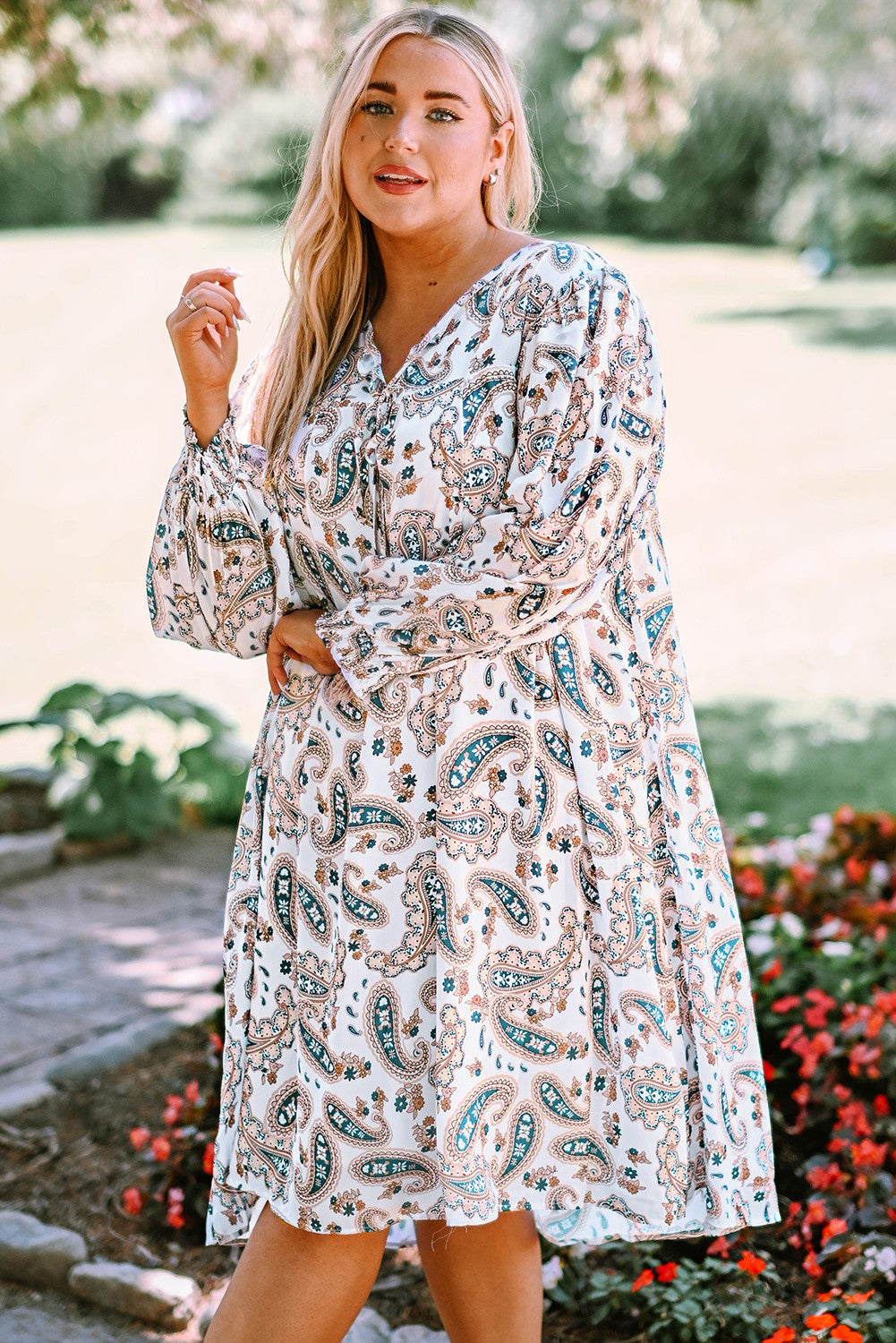 Plus Size Paisley Print Puff Sleeve Dress - PRAYANS