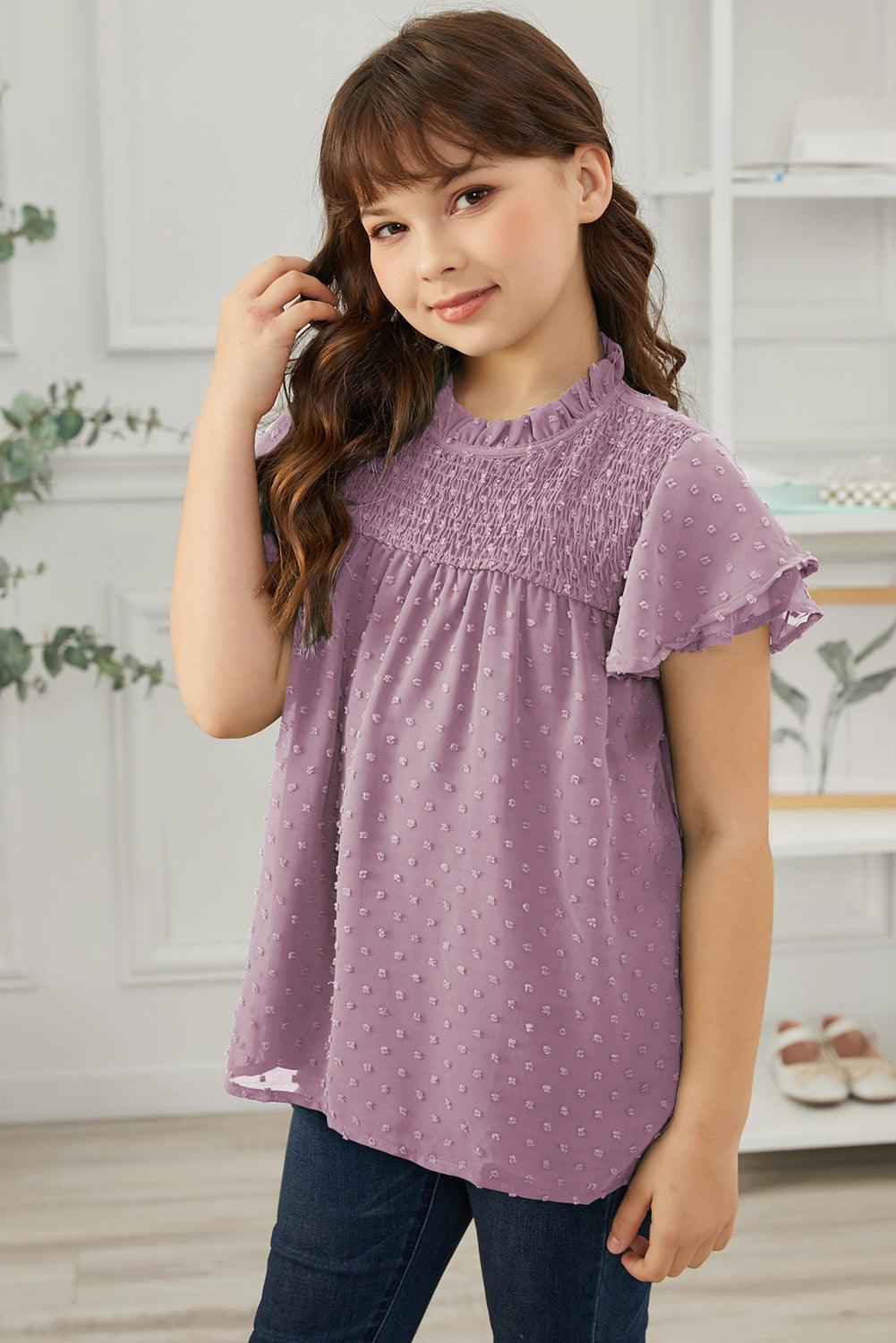 Girls Swiss Dot Smocked Flutter Sleeve Blouse - PRAYANS