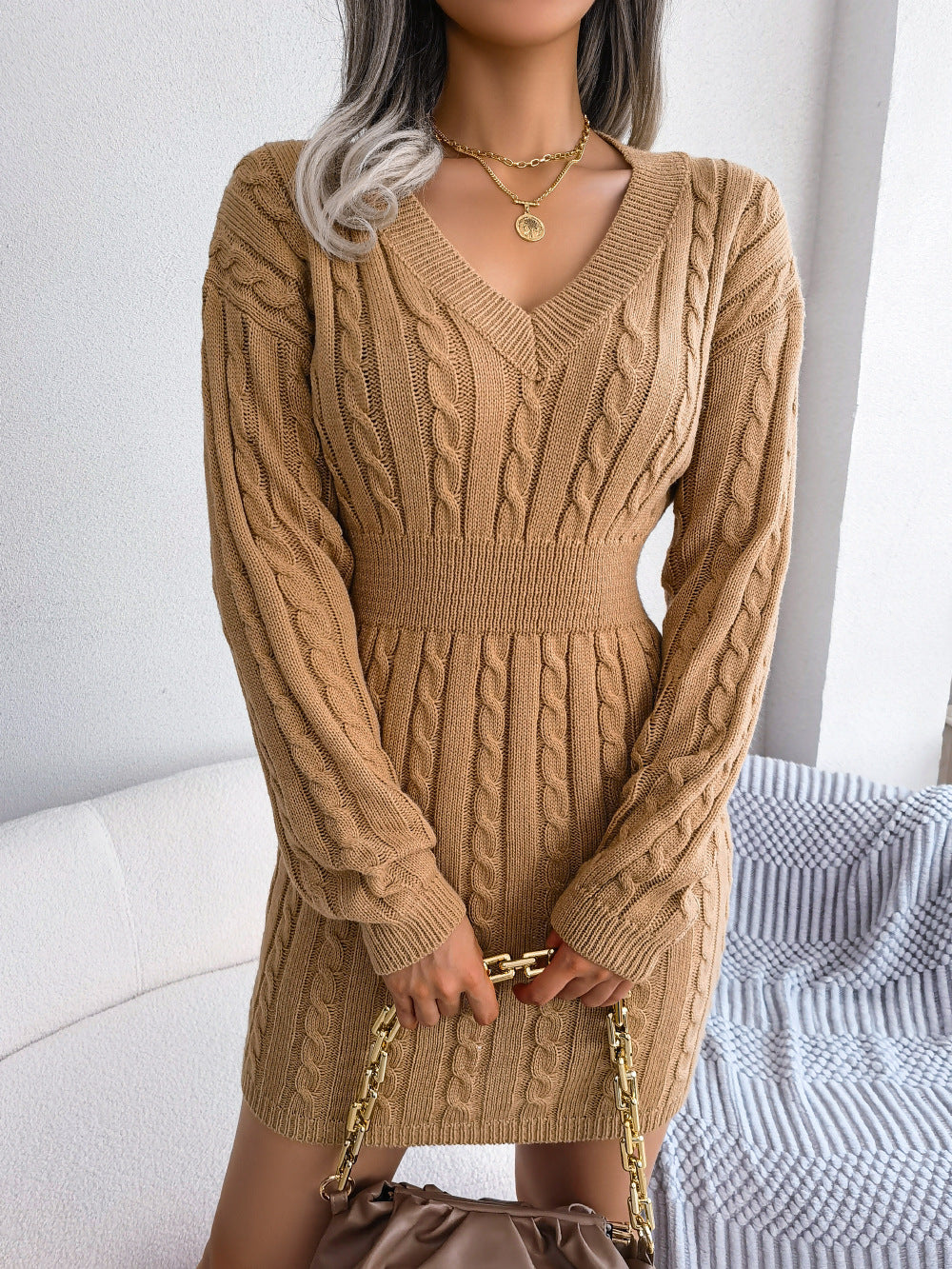 Cable-Knit V-Neck Mini Sweater Dress - PRAYANS