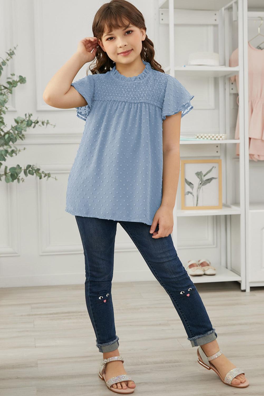 Girls Swiss Dot Smocked Flutter Sleeve Blouse - PRAYANS