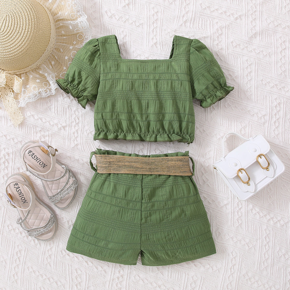 Kids Textured Bow Detail Top and Belted Shorts Set