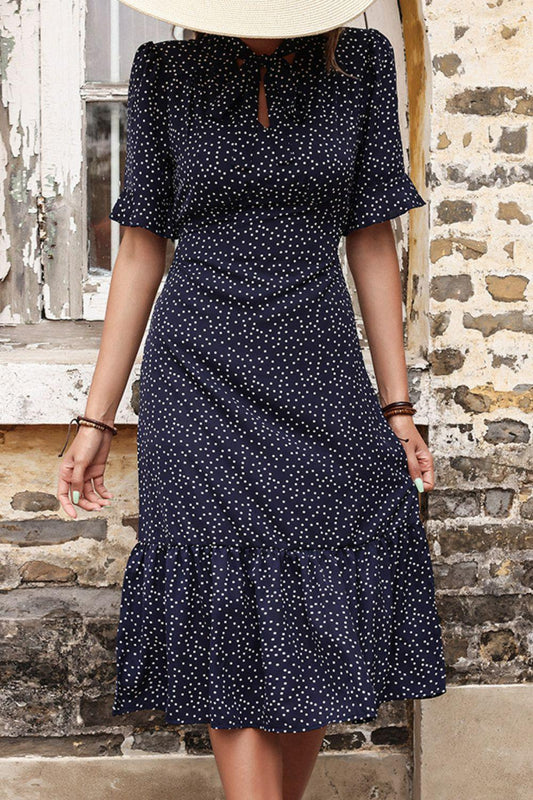 Polka Dot Tie Front Ruffled Midi Dress - PRAYANS