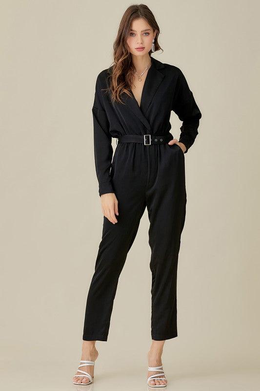 BELTED WAIST COLLARED SATIN JUMPSUIT - PRAYANS