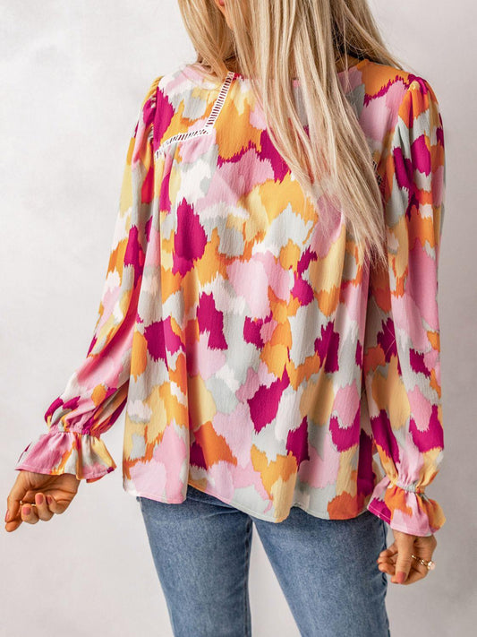 Printed Flounce Sleeve Buttoned Blouse - PRAYANS