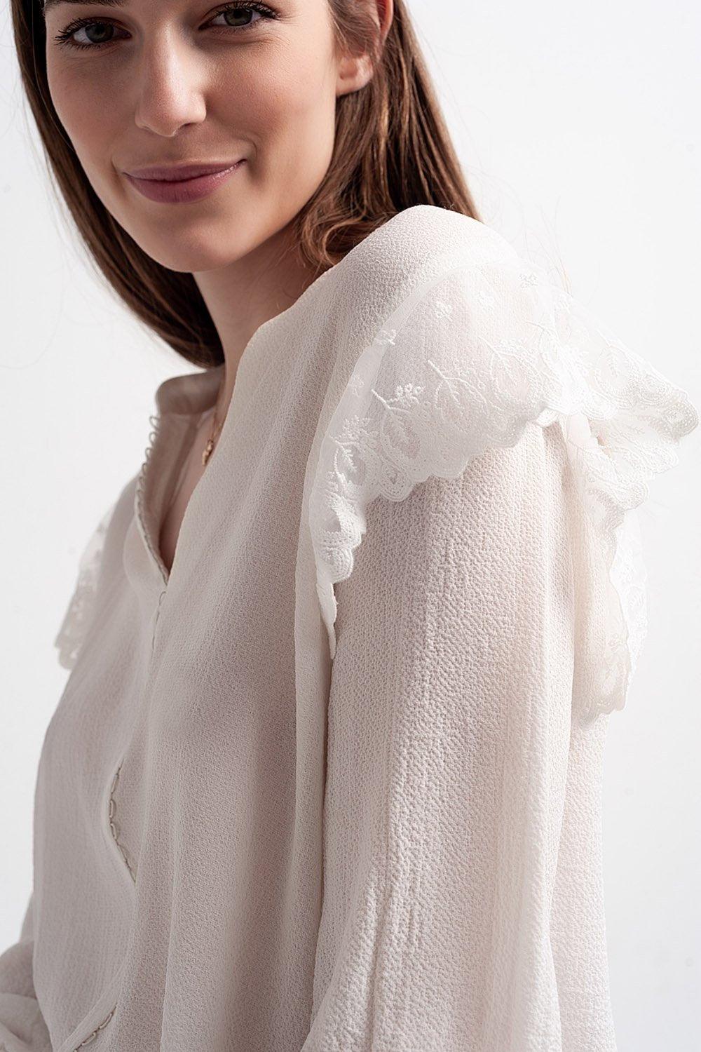 Volume Sleeve Blouse With Cuff Sleeve in Oyster - PRAYANS