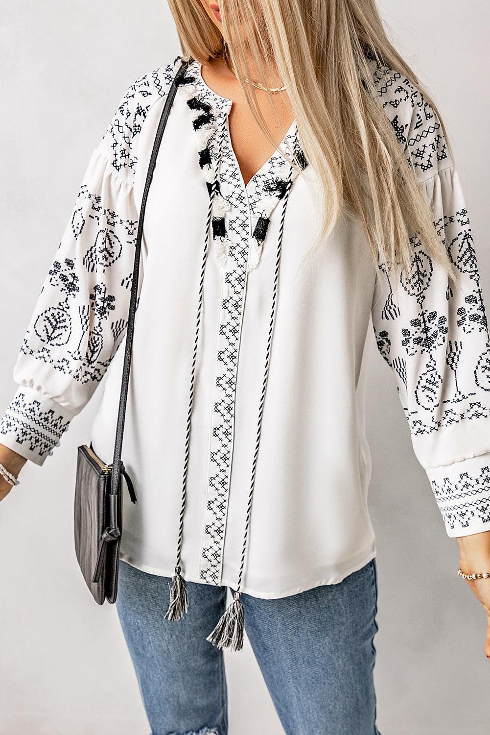 Printed Tassel Tie Puff Sleeve Blouse - PRAYANS