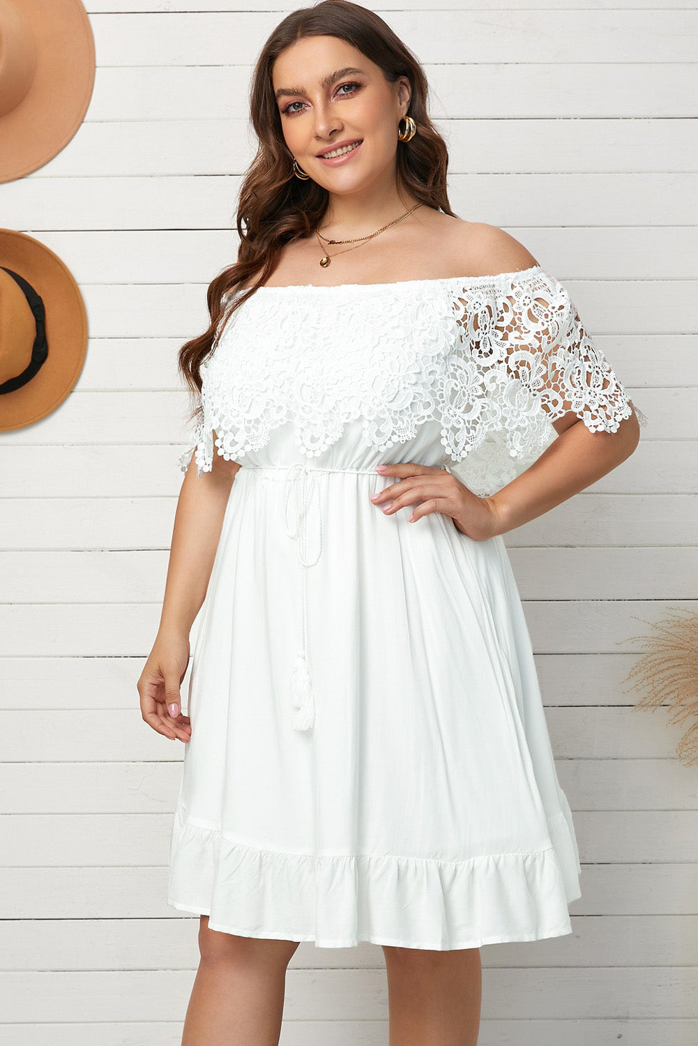 Plus Size Tassel Tie Spliced Lace Off-Shoulder Dress