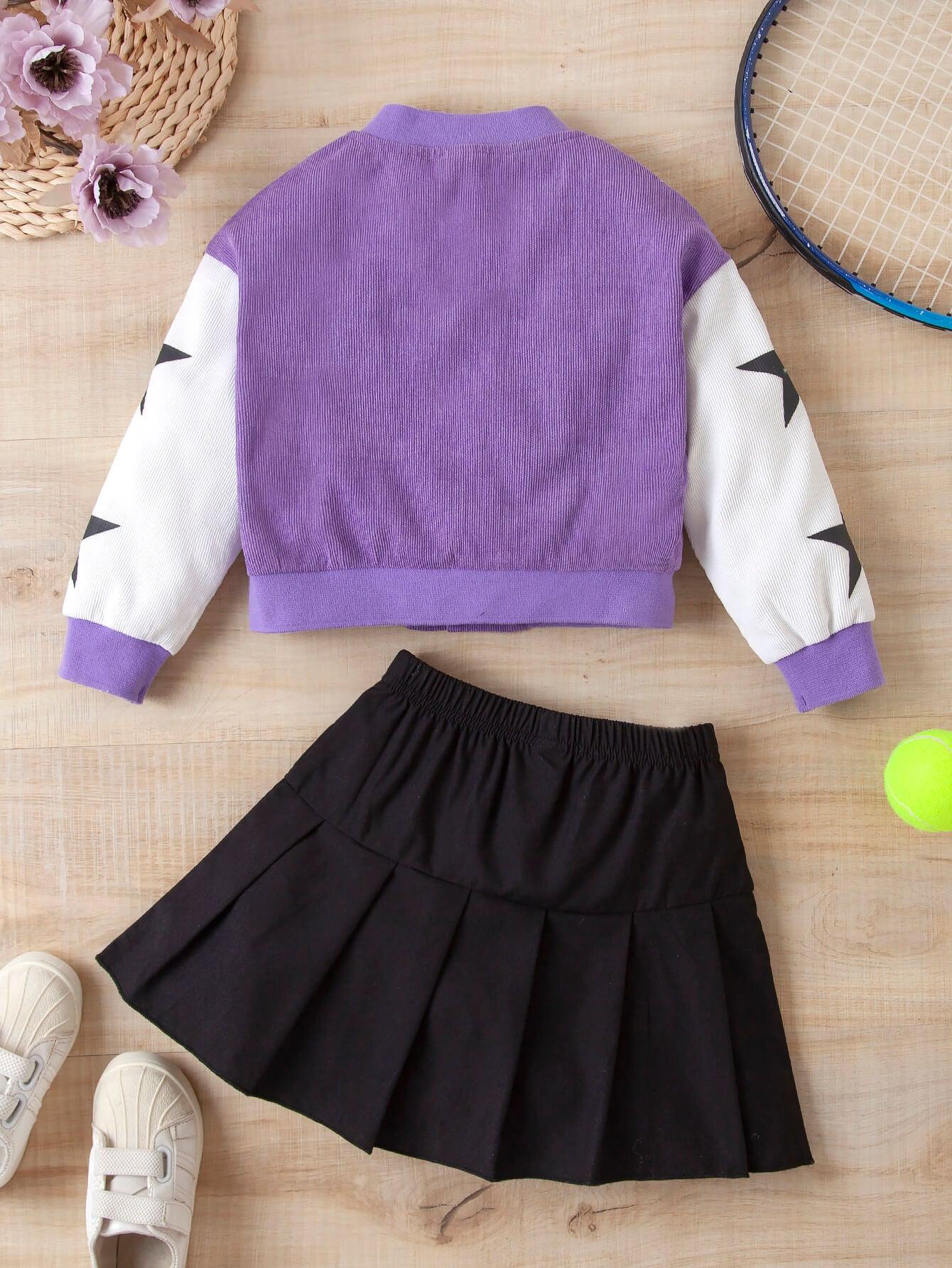 Girls Contrast Bomber Jacket, Tank, and Pleated Skirt Set - PRAYANS