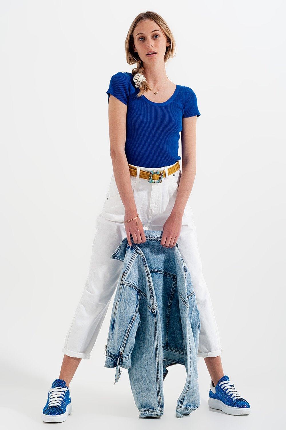 High Rise Mom Jeans With Pleat Front in White - PRAYANS