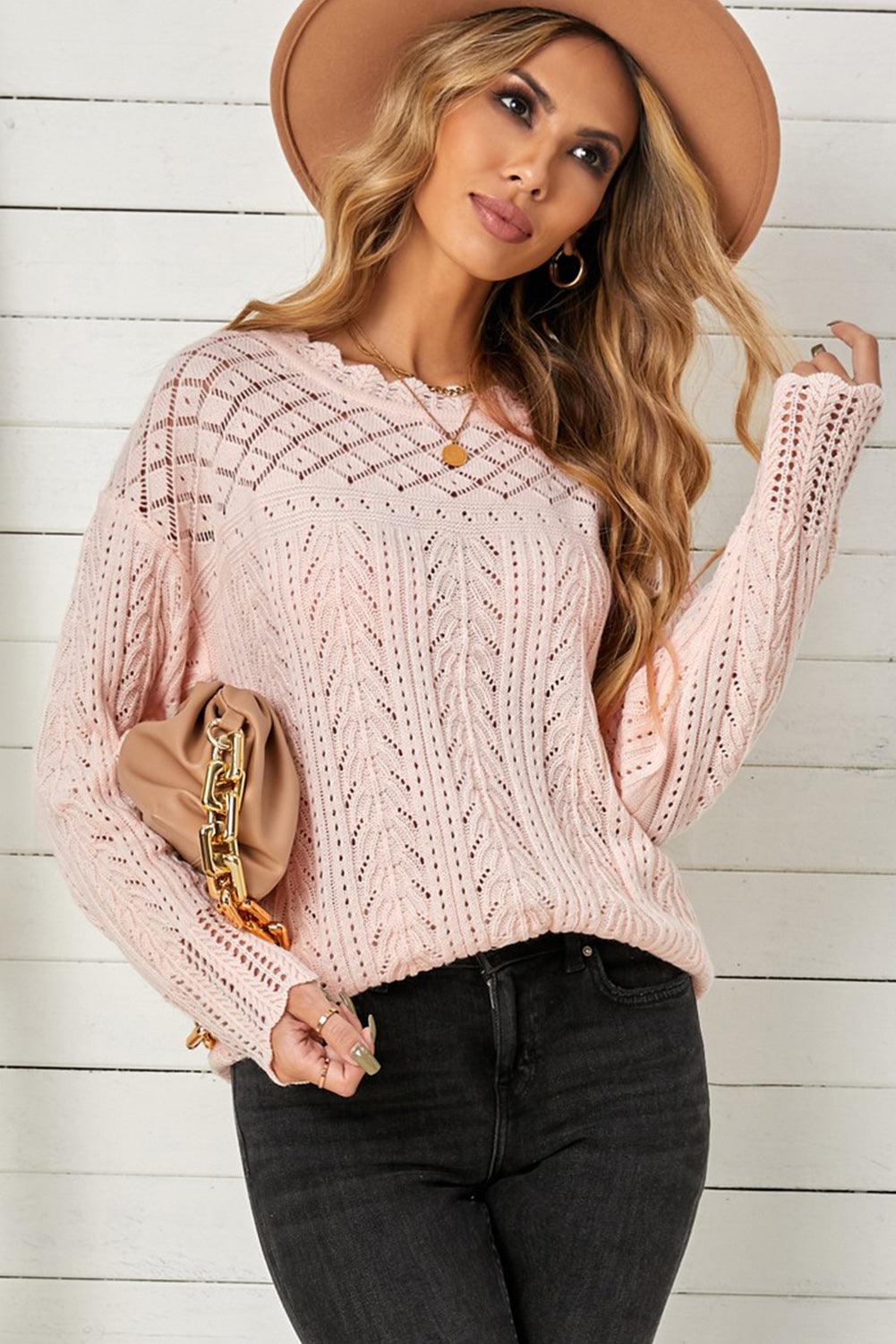 Openwork Scalloped Trim Knit Top - PRAYANS