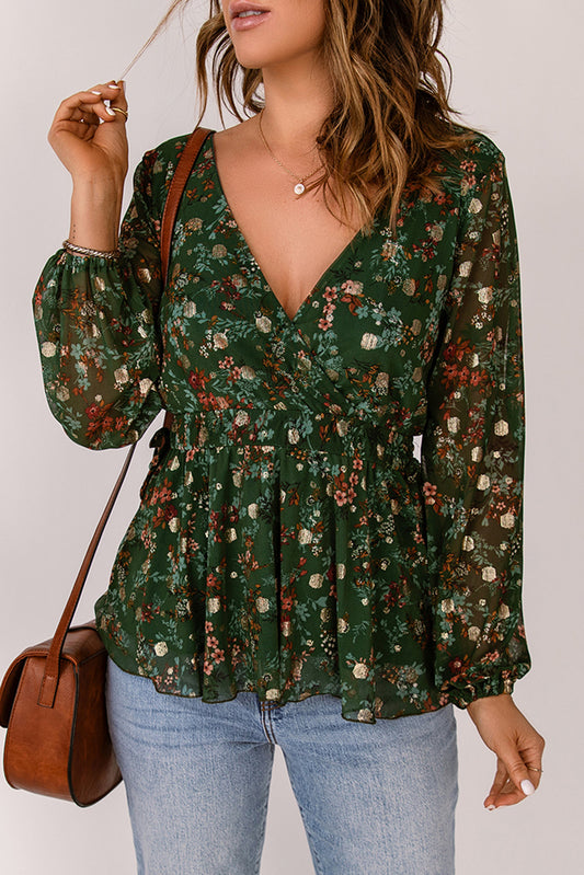 Floral Surplice Peplum Blouse - PRAYANS