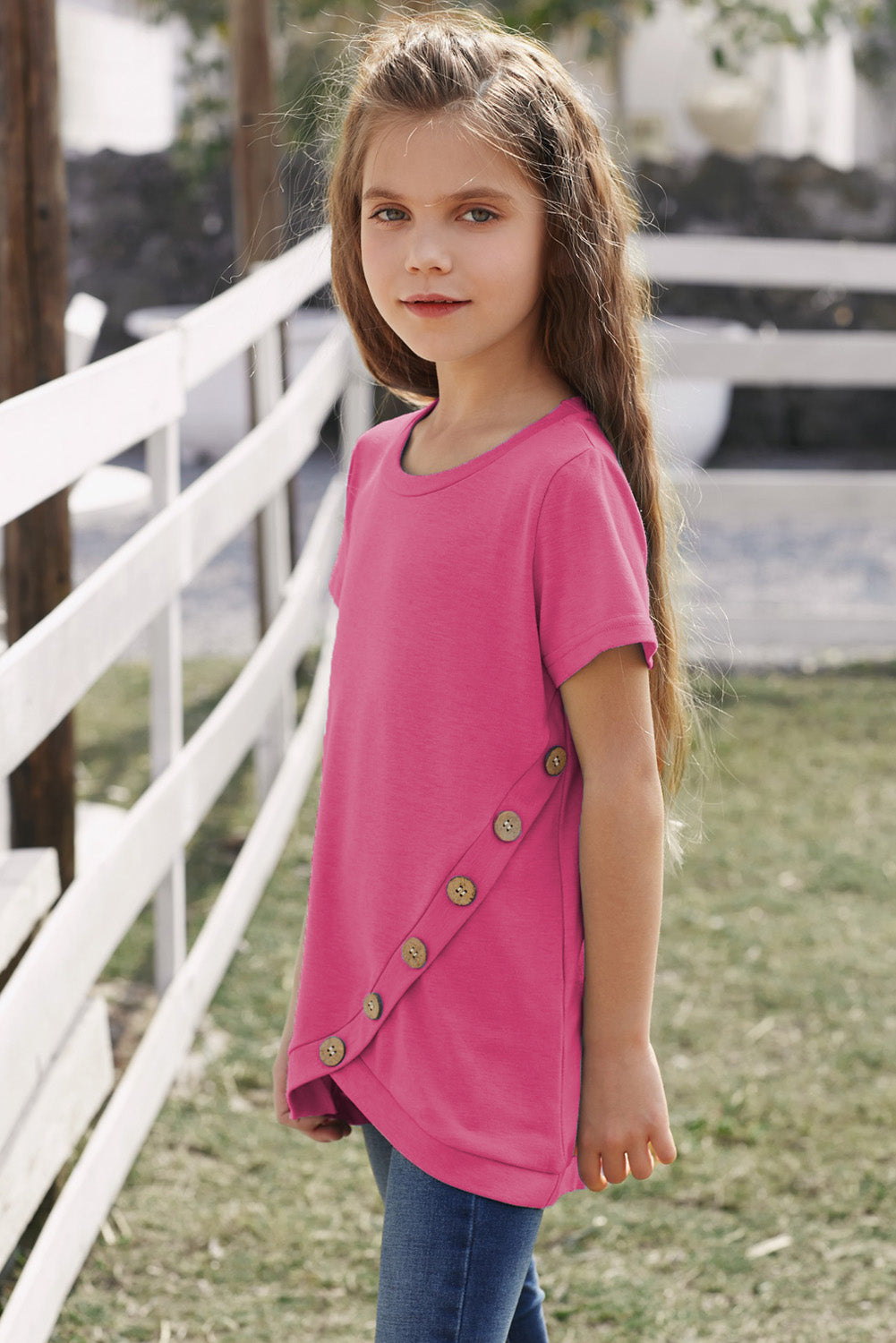 Girls Buttoned Tulip Hem T-Shirt