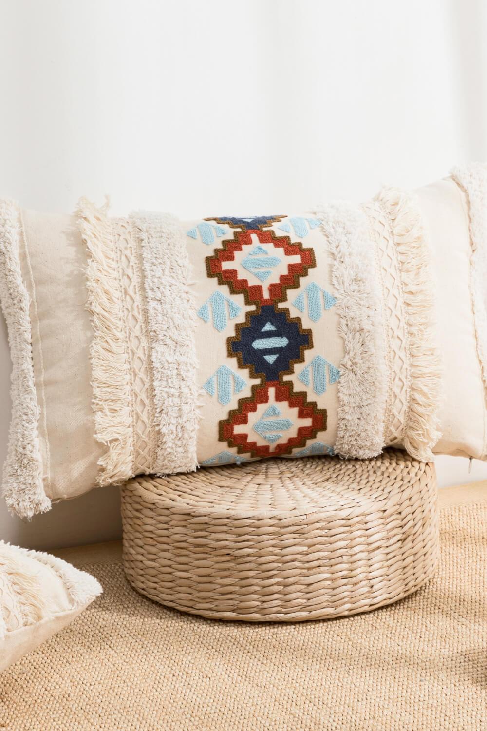 Embroidered Fringe Detail Decorative Throw Pillow Case - PRAYANS