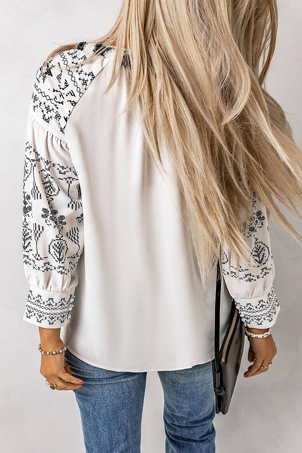 Printed Tassel Tie Puff Sleeve Blouse - PRAYANS