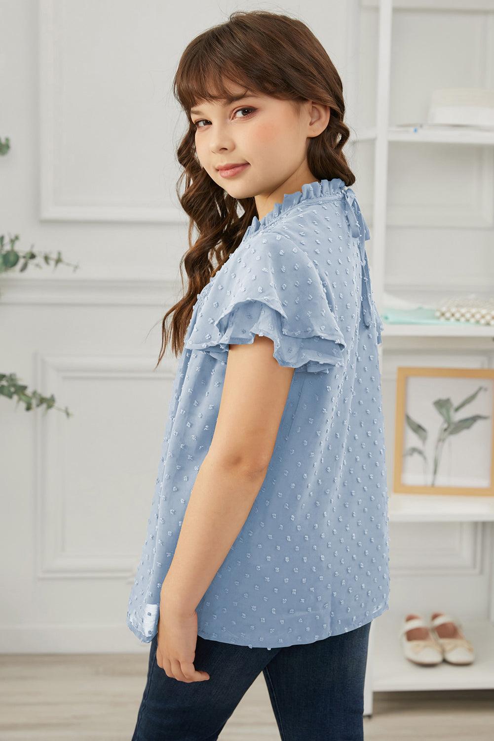 Girls Swiss Dot Smocked Flutter Sleeve Blouse - PRAYANS