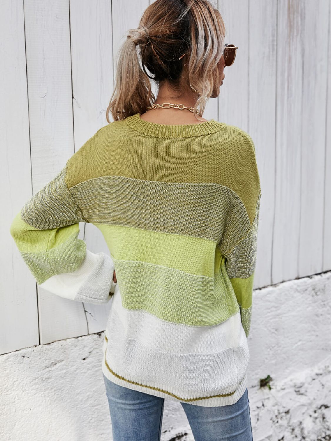 Striped Ribbed Trim Sweater - PRAYANS