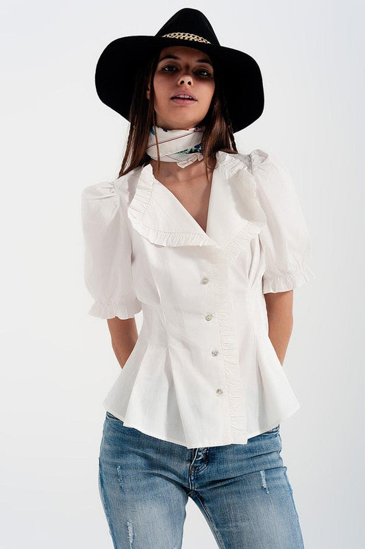 Poplin Frill Detail Wrap Blouse in Cream - PRAYANS