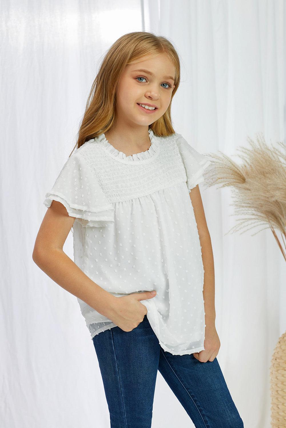 Girls Swiss Dot Smocked Flutter Sleeve Blouse - PRAYANS