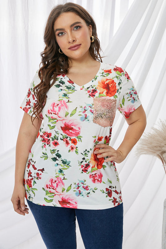 Plus Size Floral Print Sequin Pocket Tee - PRAYANS