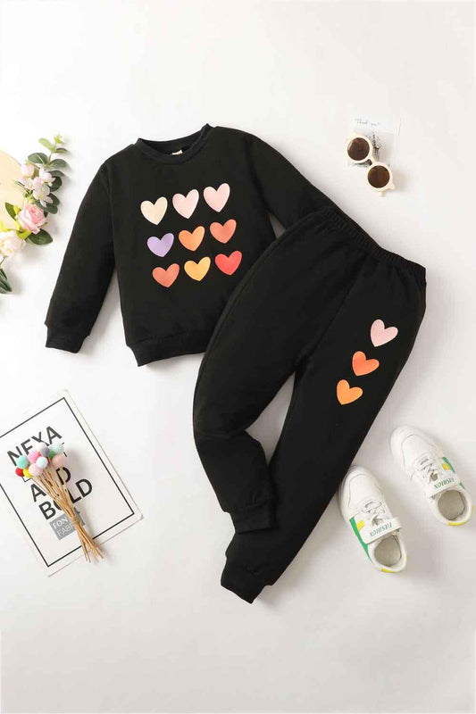 Kids Heart Graphic Sweatshirt and Joggers Set - PRAYANS