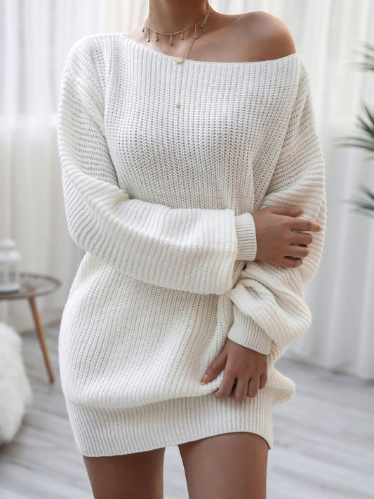 Rib-Knit Balloon Sleeve Boat Neck Sweater Dress - PRAYANS