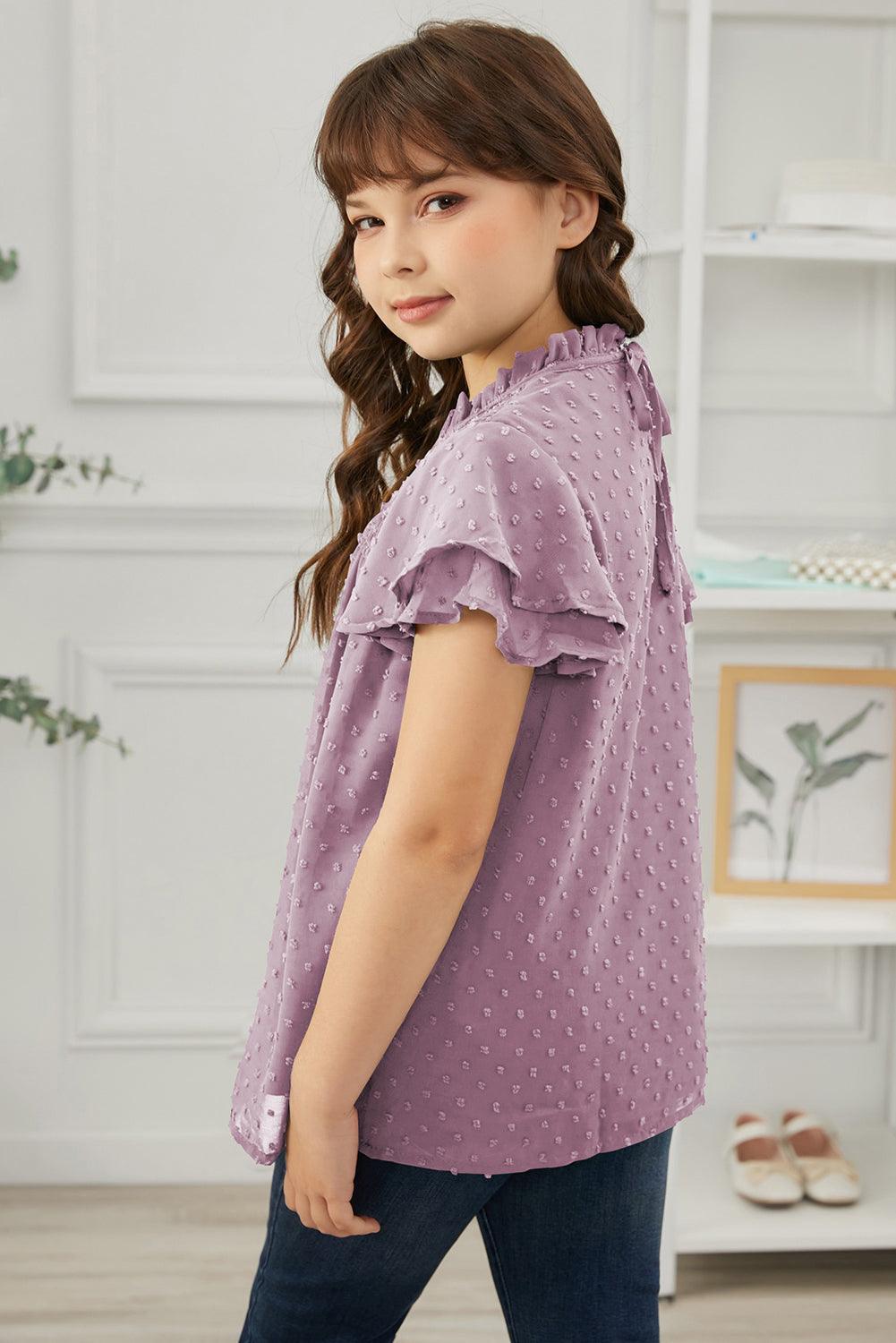 Girls Swiss Dot Smocked Flutter Sleeve Blouse - PRAYANS