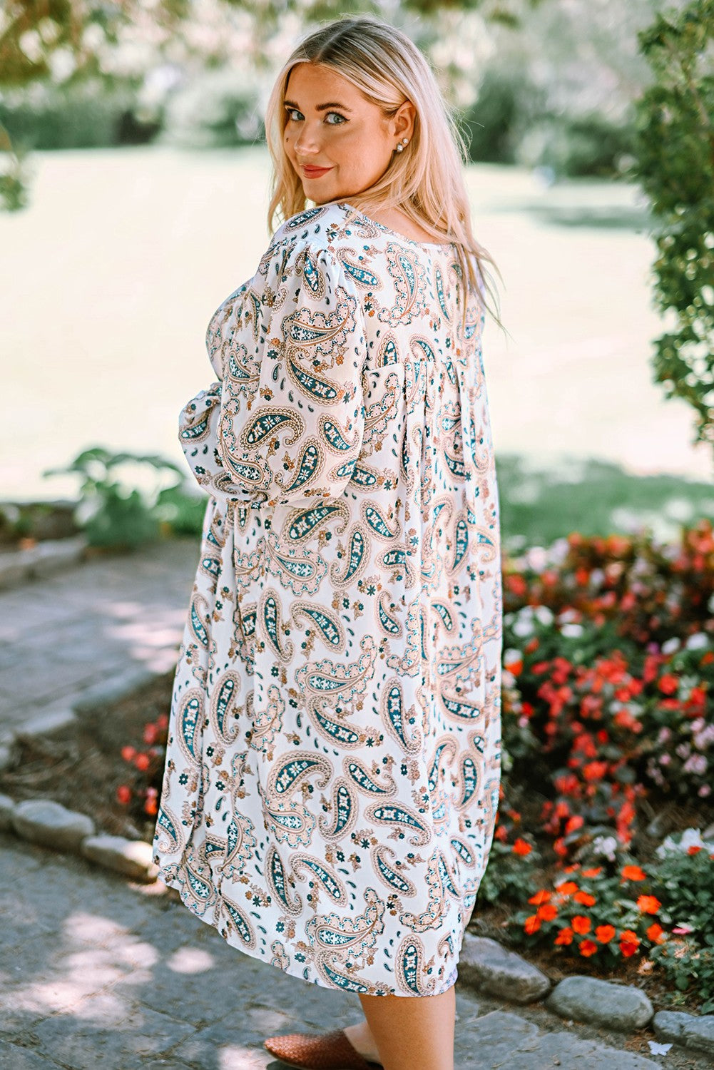 Plus Size Paisley Print Puff Sleeve Dress - PRAYANS