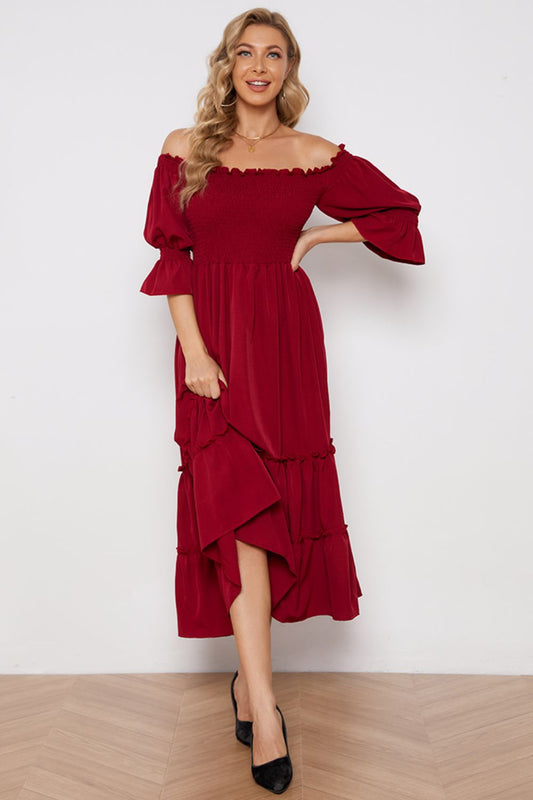 Off-Shoulder Flounce Sleeve Frill Trim Tiered Dress