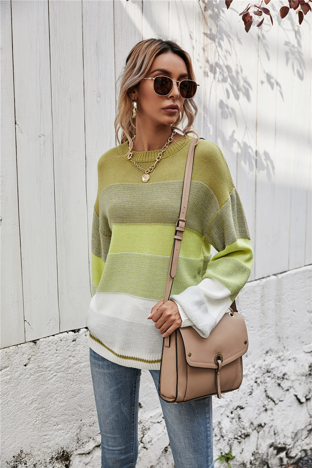 Striped Ribbed Trim Sweater - PRAYANS