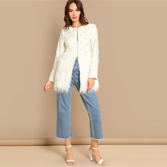 Solid Pearl Embellished Faux Fur Round Neck Jacket - PRAYANS