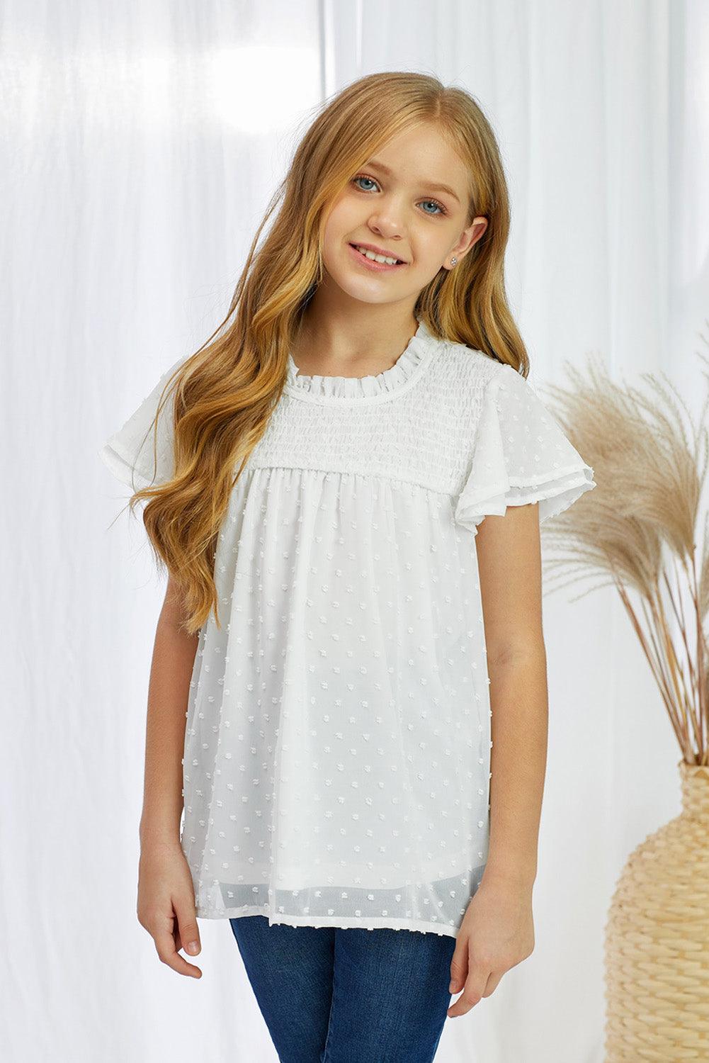 Girls Swiss Dot Smocked Flutter Sleeve Blouse - PRAYANS