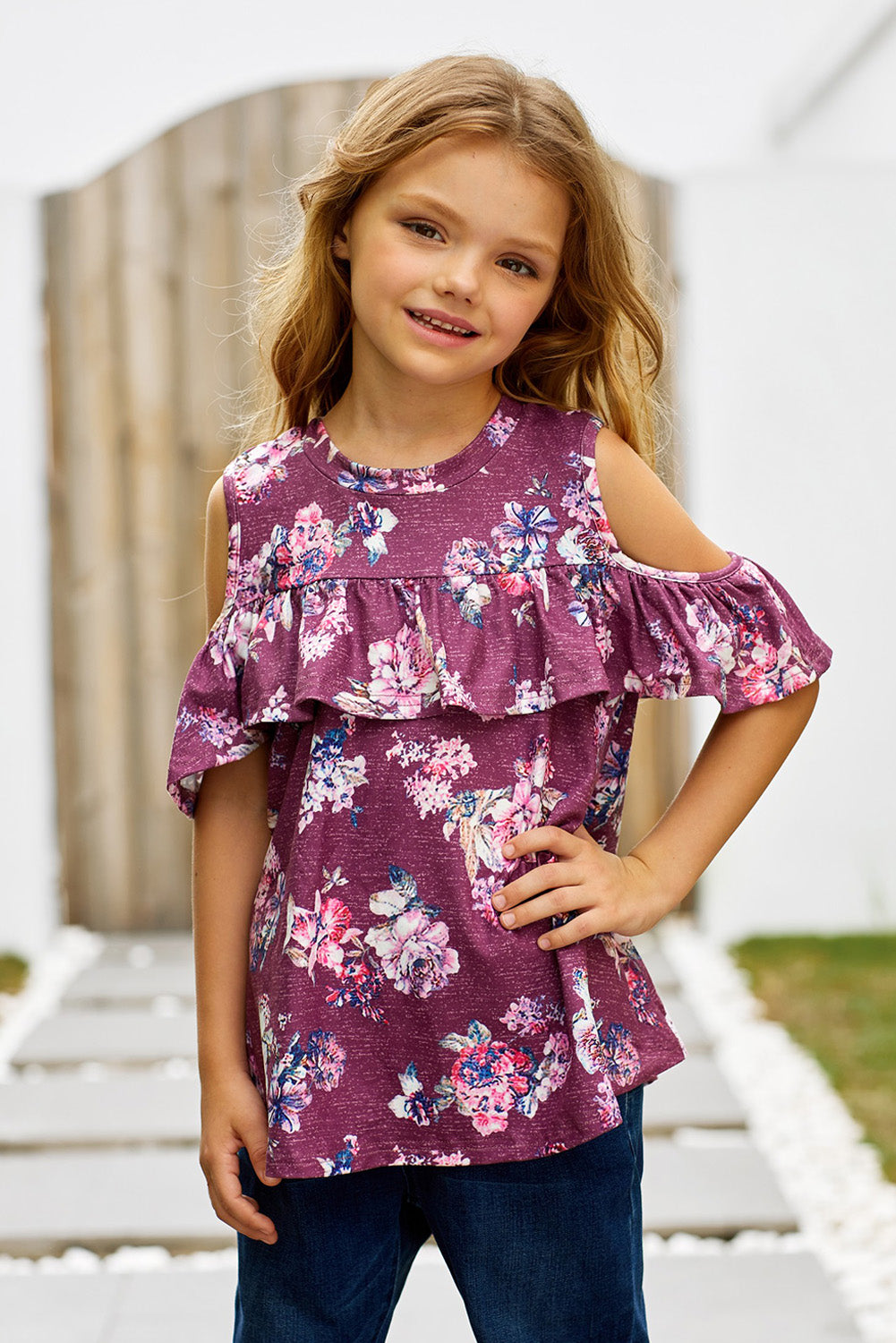 Girls Floral Cold-Shoulder Ruffled Top