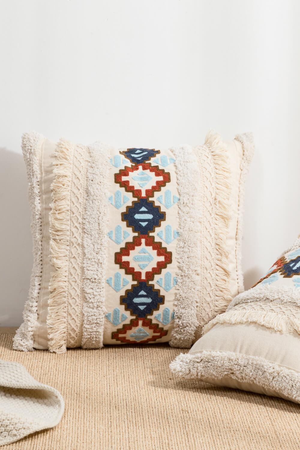 Embroidered Fringe Detail Decorative Throw Pillow Case - PRAYANS