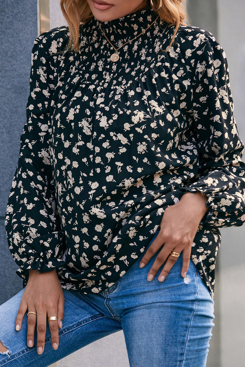 Floral Mock Neck Blouse - PRAYANS