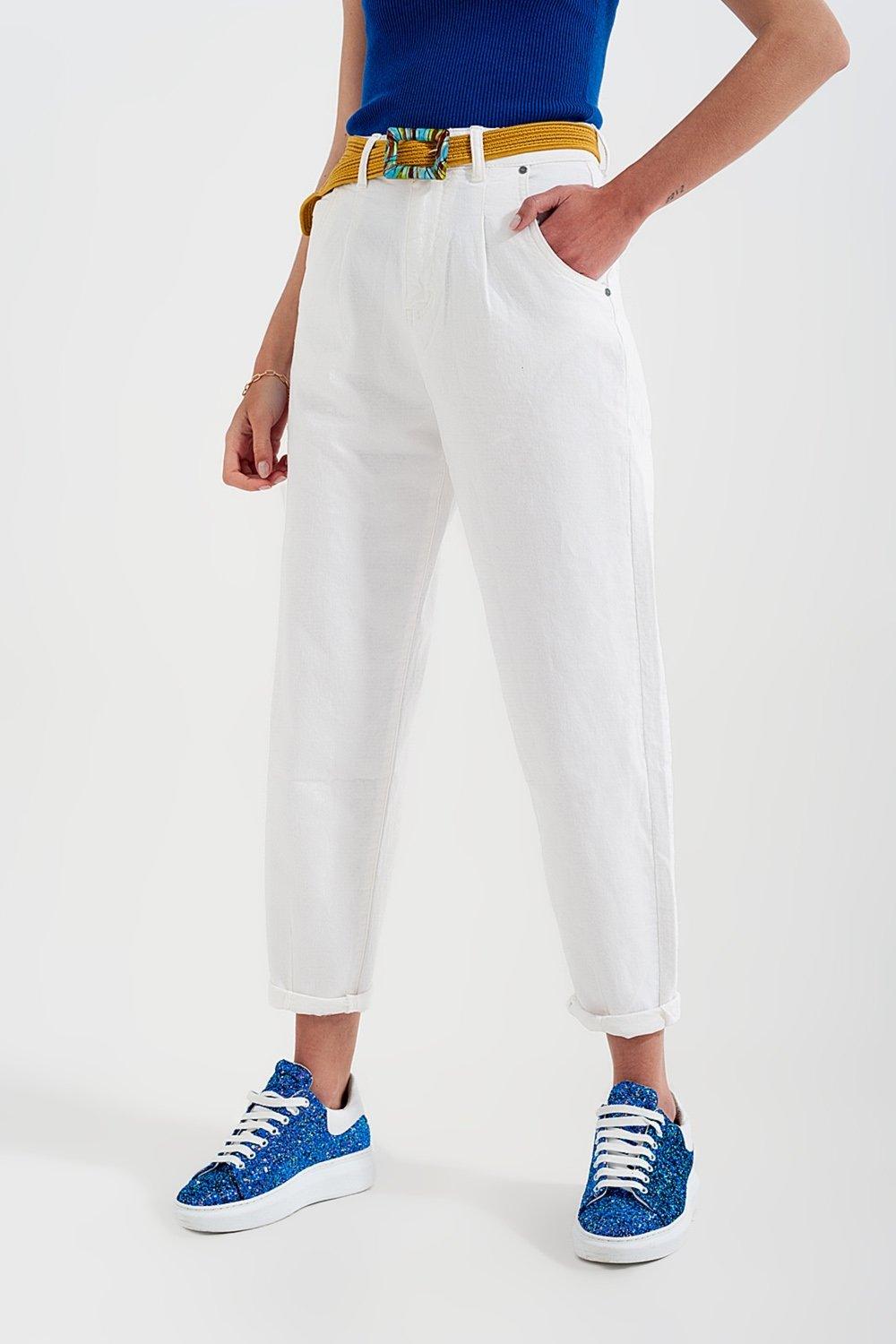 High Rise Mom Jeans With Pleat Front in White - PRAYANS