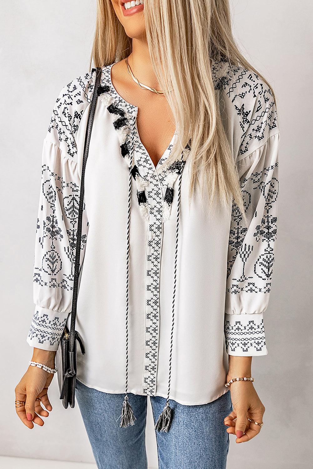 Printed Tassel Tie Puff Sleeve Blouse - PRAYANS