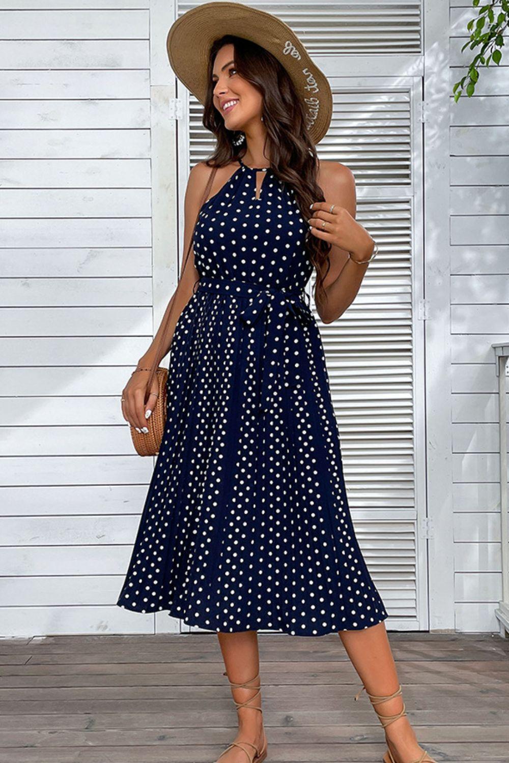 Polka Dot Tie-Waist Sleeveless Midi Dress - PRAYANS