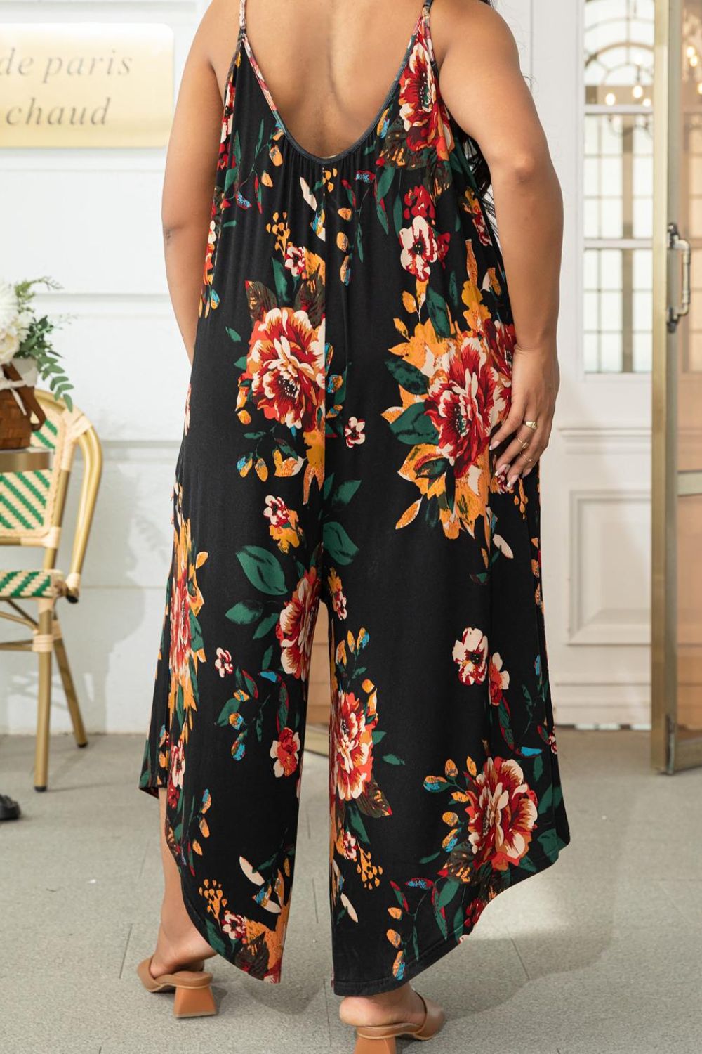 Plus Size Printed Spaghetti Strap Wide Leg Jumpsuit