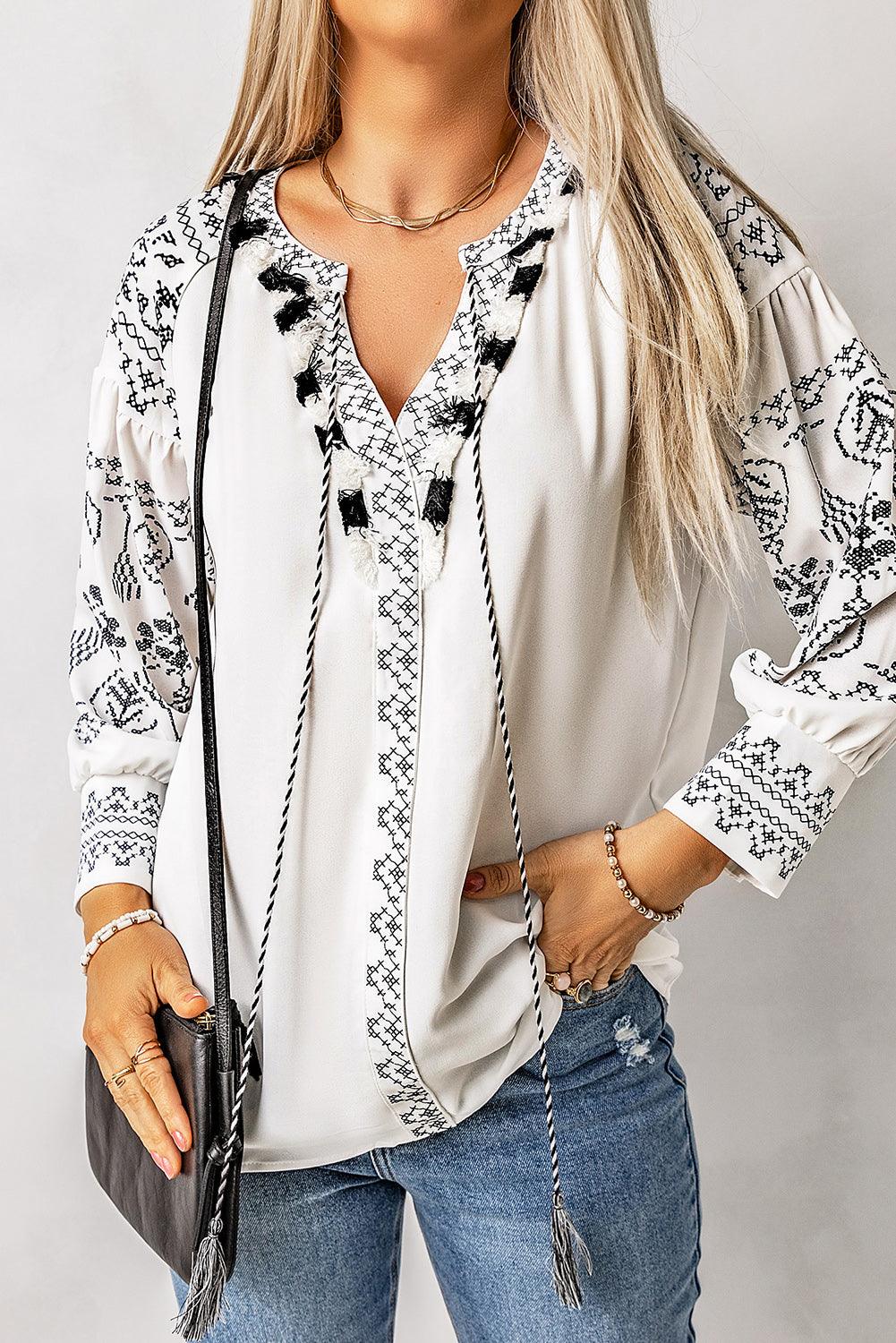 Printed Tassel Tie Puff Sleeve Blouse - PRAYANS