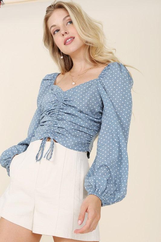 Ruched polka dot crop top with puff sleeves - PRAYANS