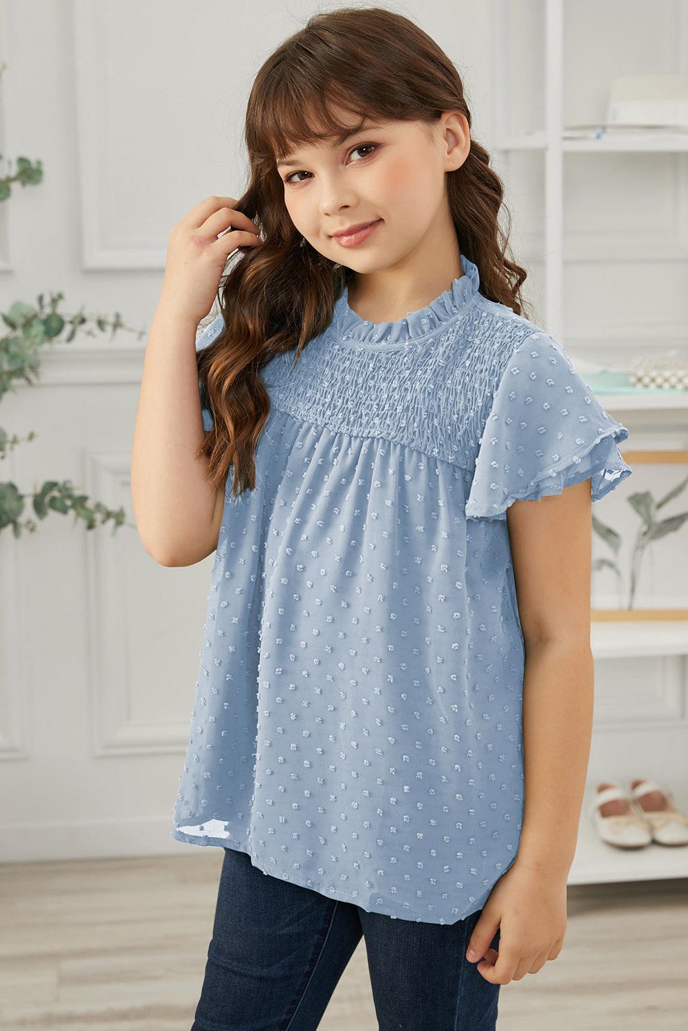 Girls Swiss Dot Smocked Flutter Sleeve Blouse - PRAYANS