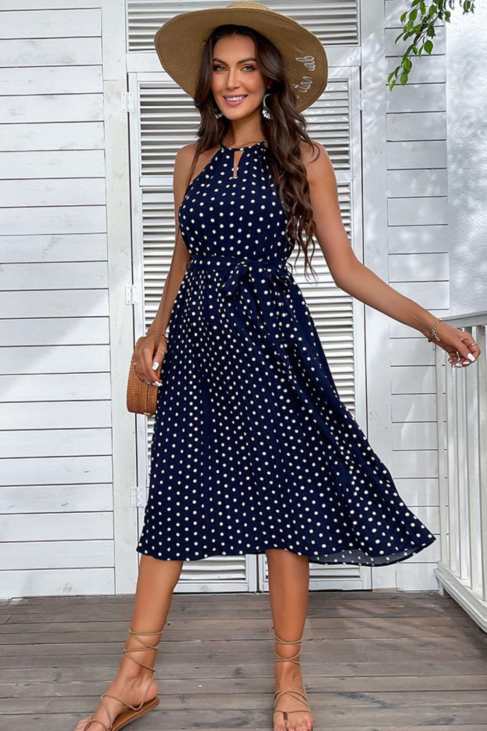 Polka Dot Tie-Waist Sleeveless Midi Dress - PRAYANS