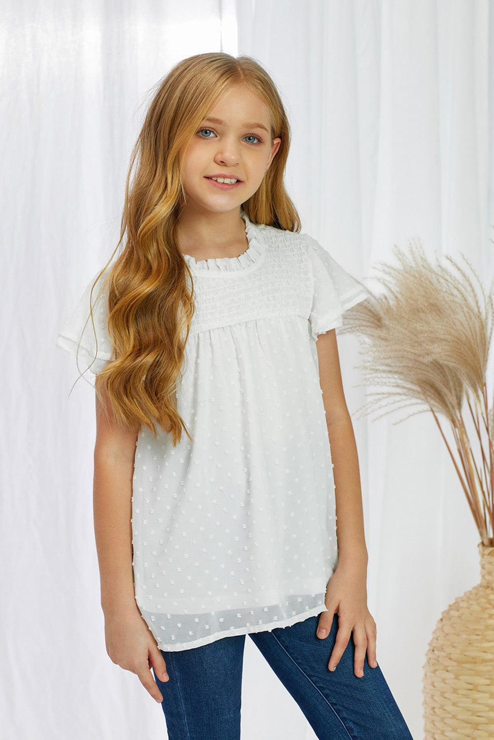 Girls Swiss Dot Smocked Flutter Sleeve Blouse - PRAYANS