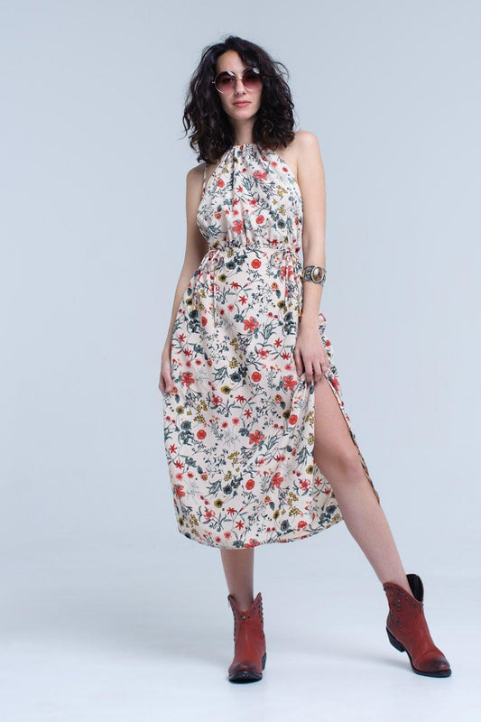 Beige Floral High Neck Cut Out Midi Dress - PRAYANS