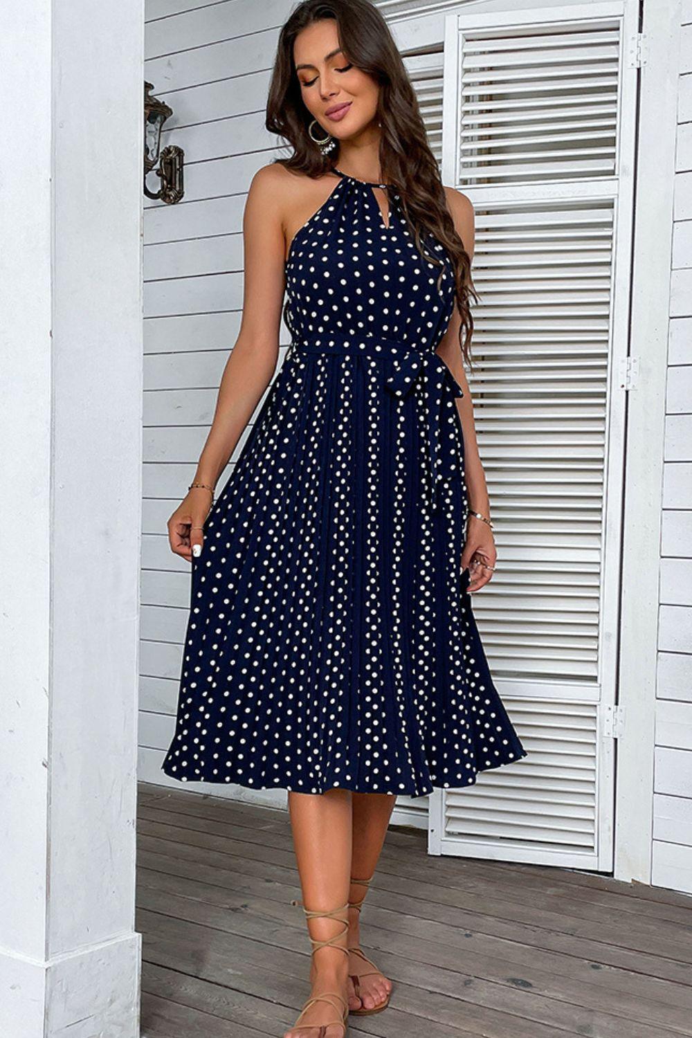 Polka Dot Tie-Waist Sleeveless Midi Dress - PRAYANS