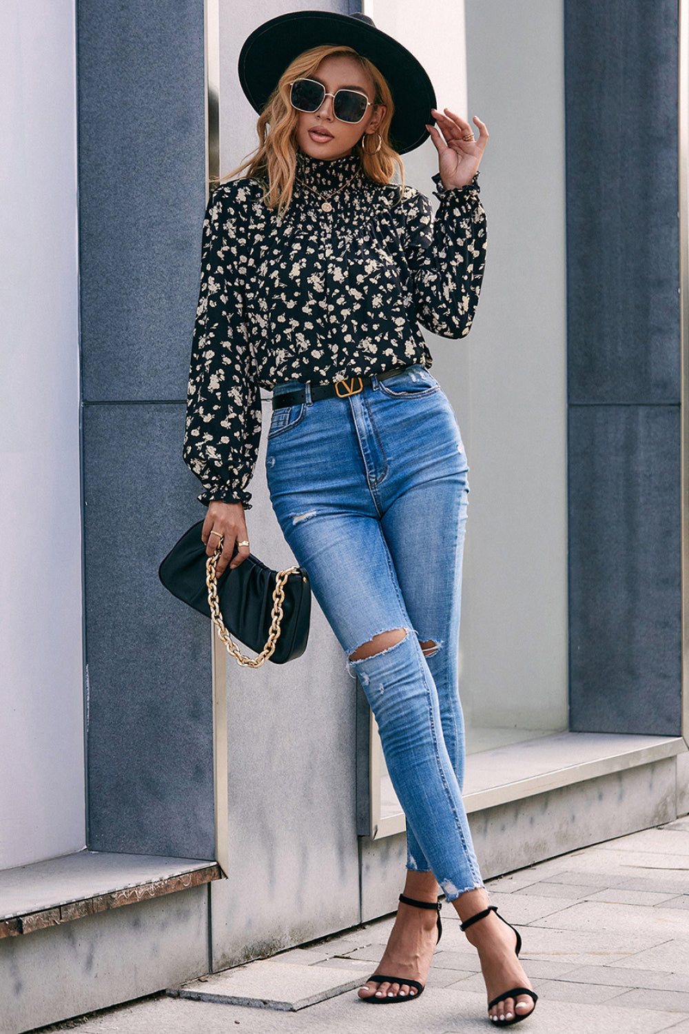 Floral Mock Neck Blouse - PRAYANS