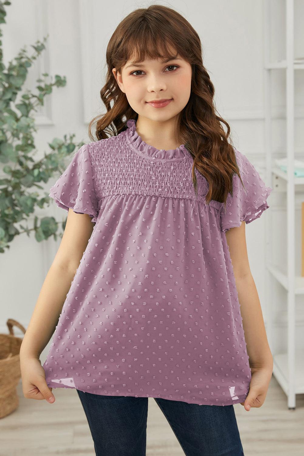 Girls Swiss Dot Smocked Flutter Sleeve Blouse - PRAYANS