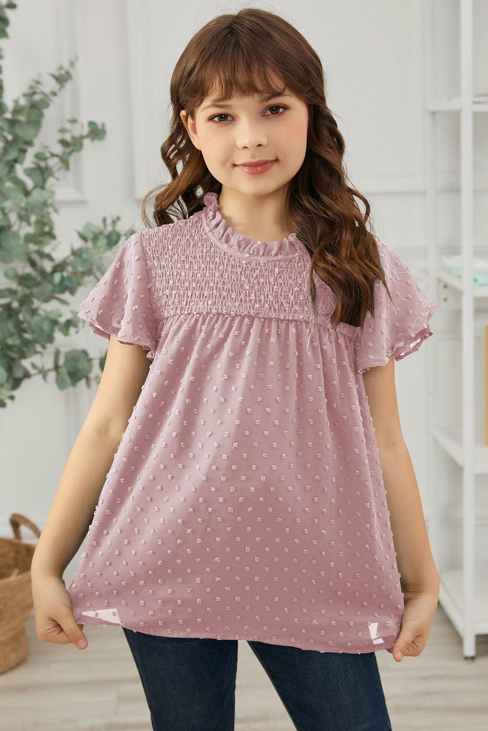 Girls Swiss Dot Smocked Flutter Sleeve Blouse - PRAYANS