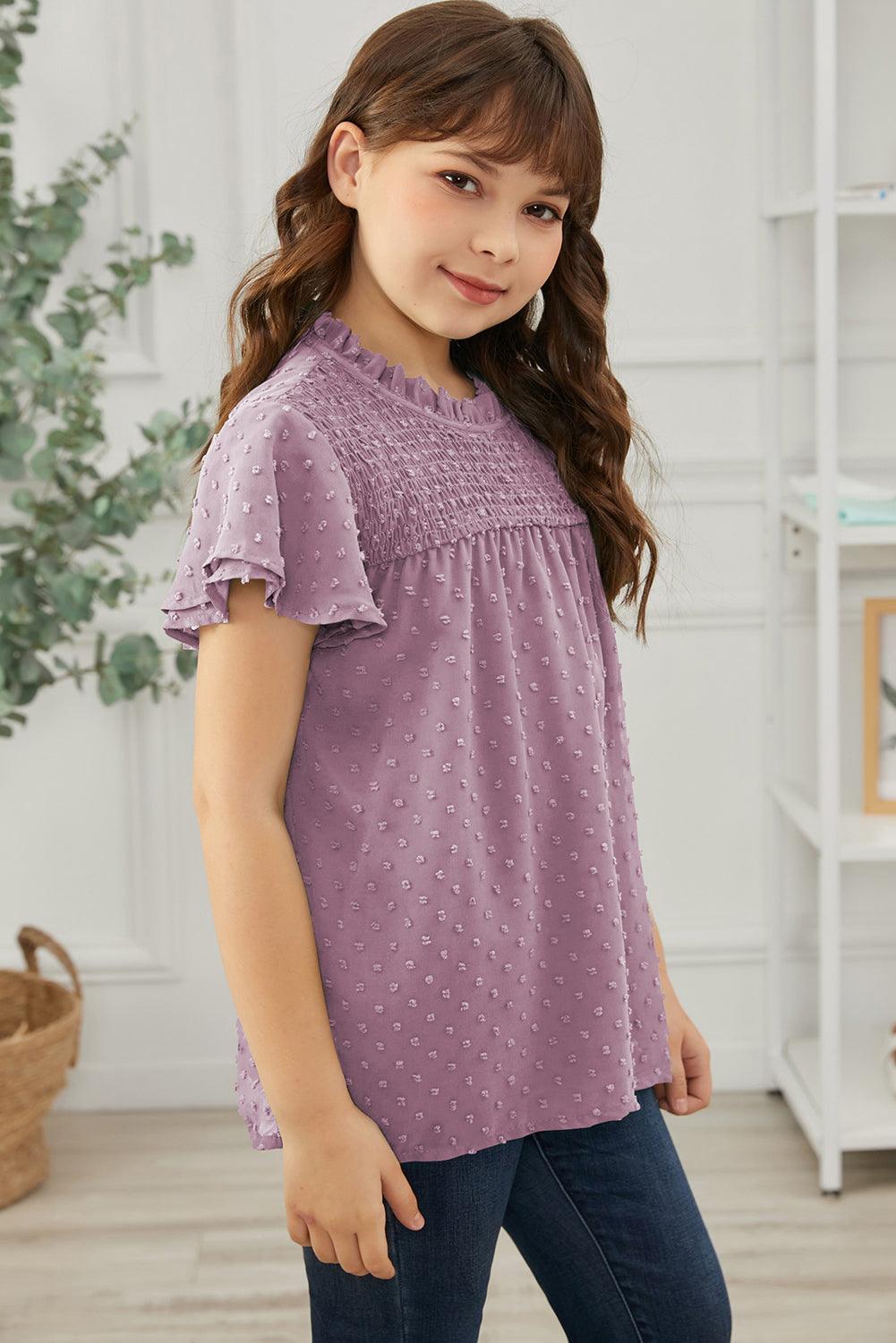 Girls Swiss Dot Smocked Flutter Sleeve Blouse - PRAYANS