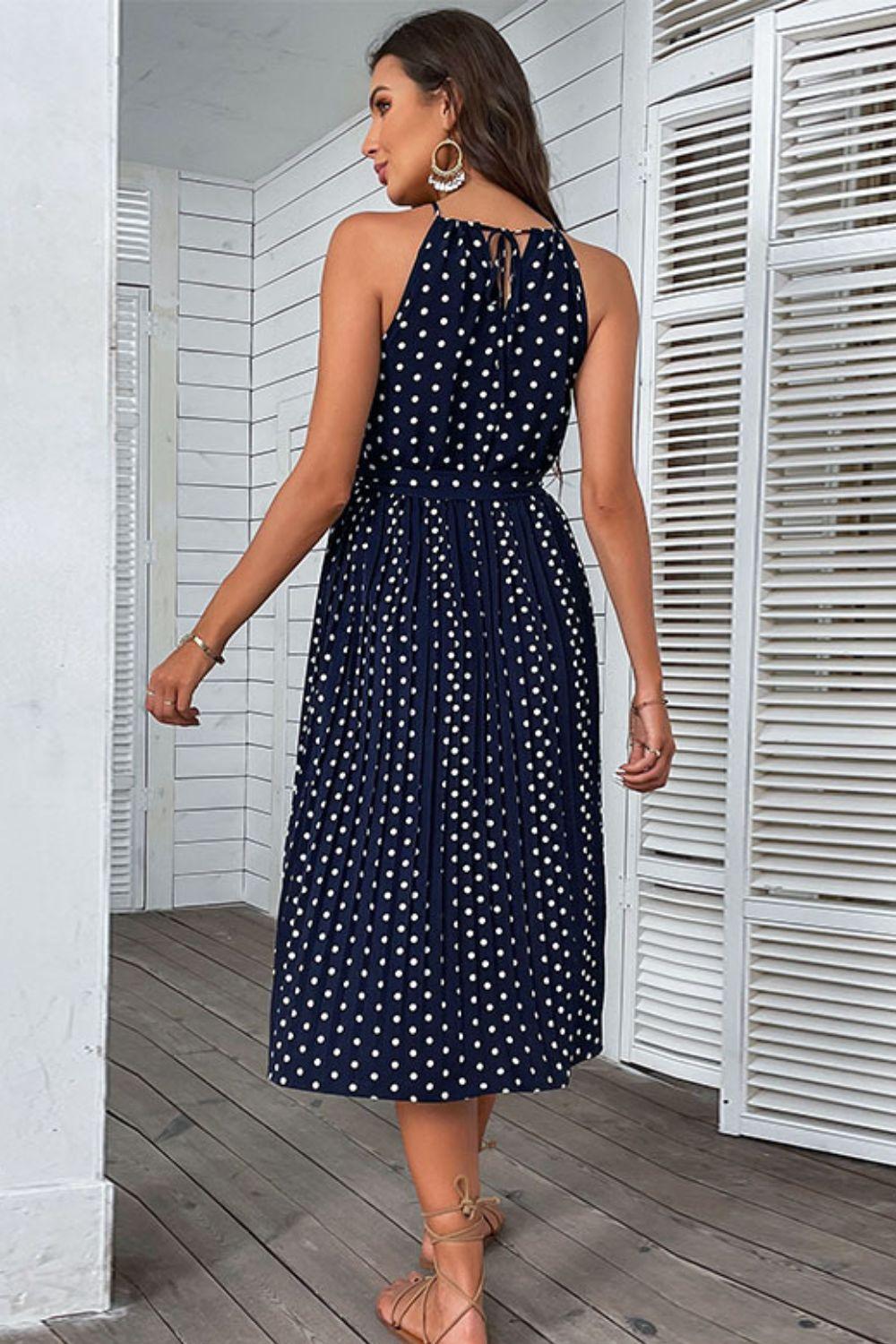 Polka Dot Tie-Waist Sleeveless Midi Dress - PRAYANS